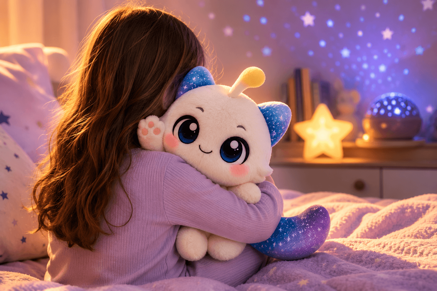 Criança abraçando a pelúcia Lumi em um quarto iluminado por estrelas