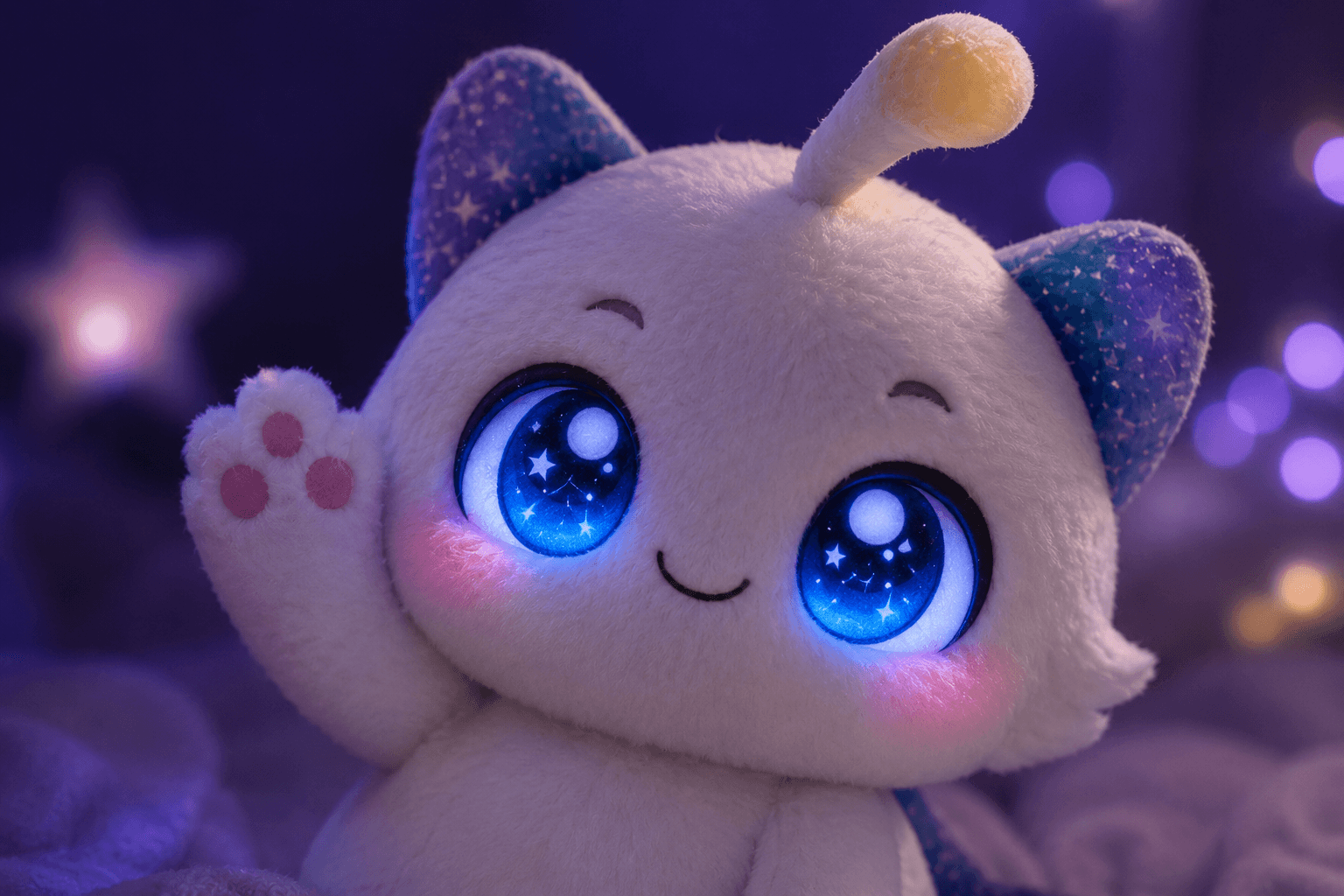 Close da pelúcia Lumi com olhos OLED brilhando